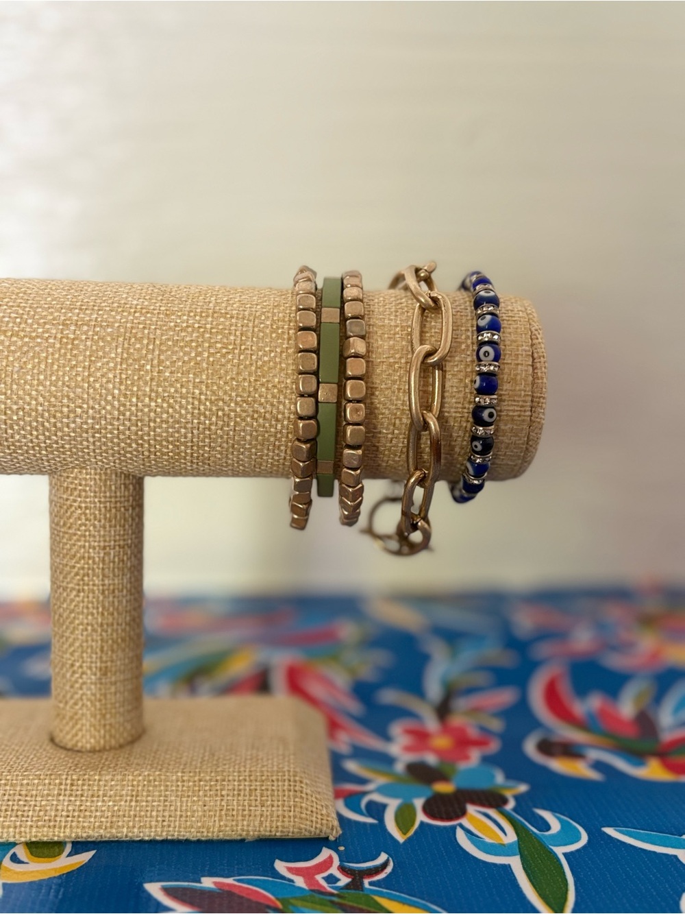 Gold and Blue Beaded Stackable Bracelet Set